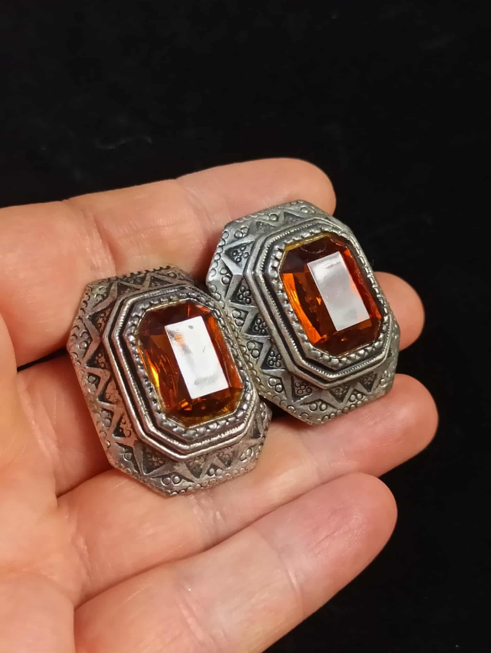 Vintage 80’s Amber Faceted Glass Statement Earrings Silver Tone Heavy Art Deco - Picture 5 of 11